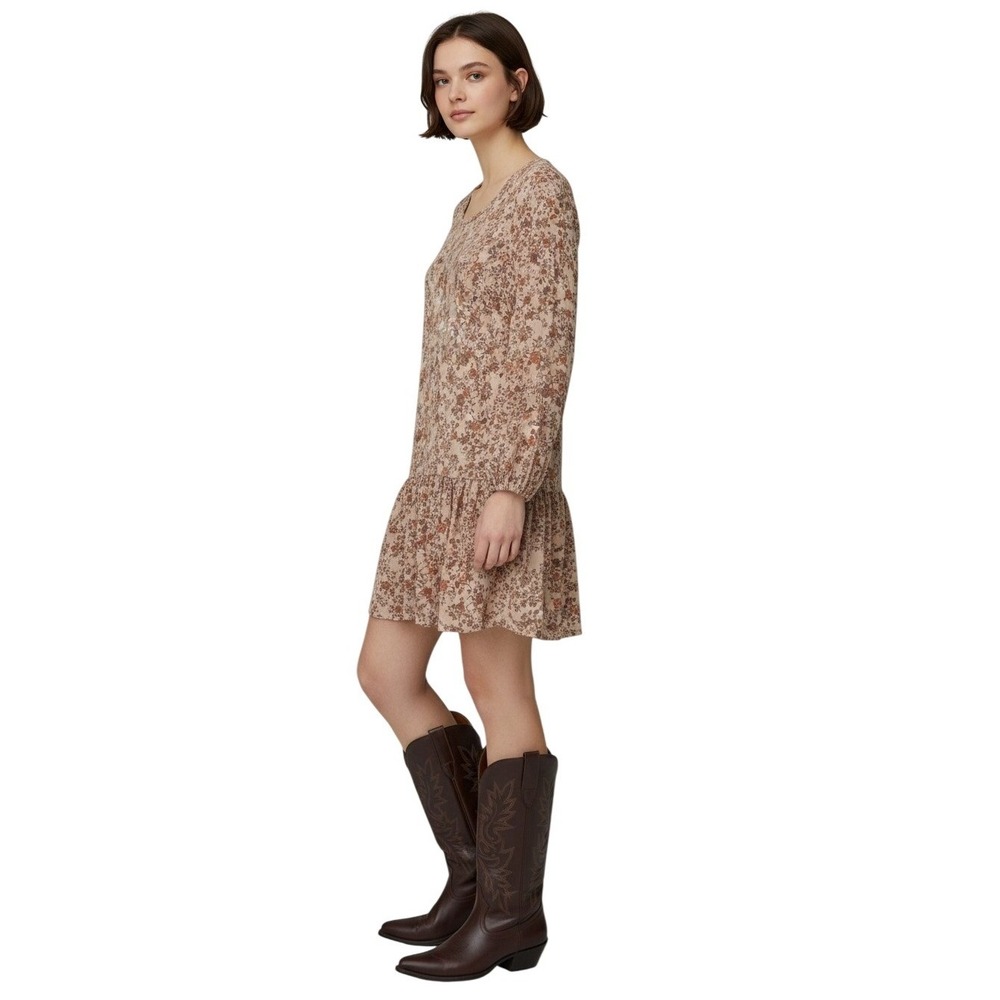 Hayden Floral Babydoll Mini Dress M Tan Long Sleeve Tiered Boho Dropped Waist